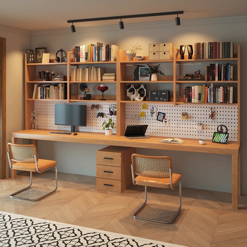 Wall-Mounted Solid Wood Desk and Bookshelf Integrated Double Study Table, Simple Home Computer Desktop Table, Bedroom Work Desk
