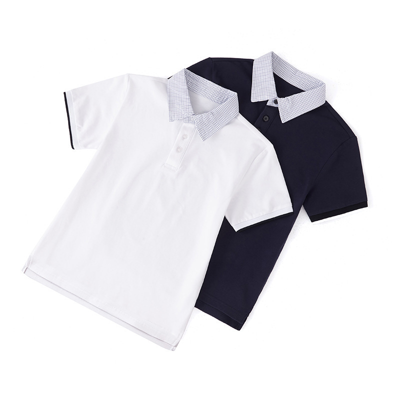 Summer Casual Plaid Collar Blue and White Short-Sleeve Top for Children, Solid Color Cotton Kids' Polo Shirt Summer Casual Plaid Collar Blue and White Short-Sleeve Top for Children, Solid Color Cotton Kids' Polo Shirt
