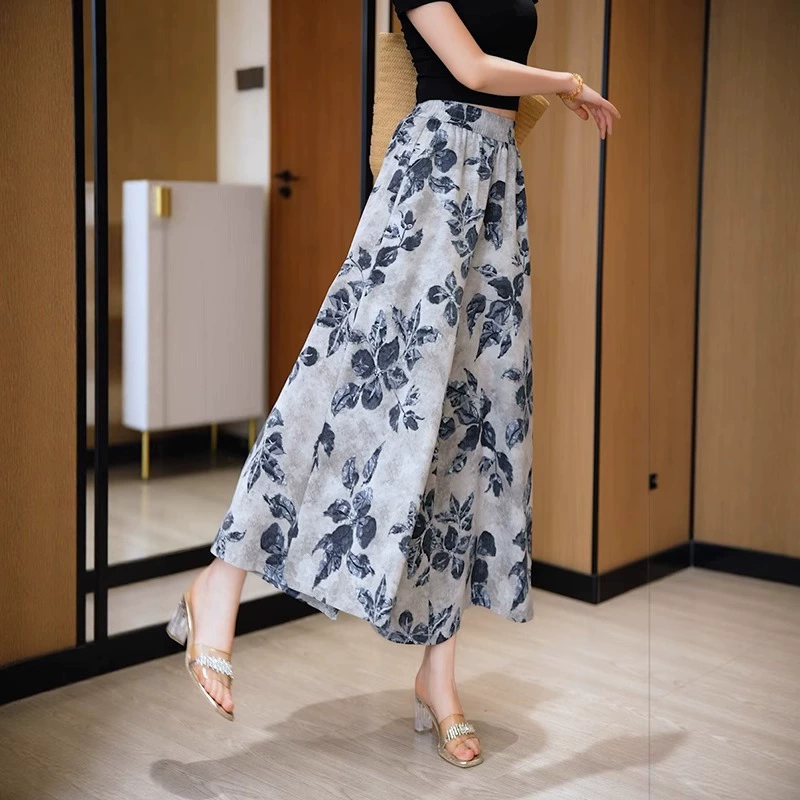 Широкие женские брюки из ледяного шелка с принтом тай-дай, летние универсальные свободные повседневные брюки с драпировкой, новые элегантные брюки-полуюбки в китайском стиле.