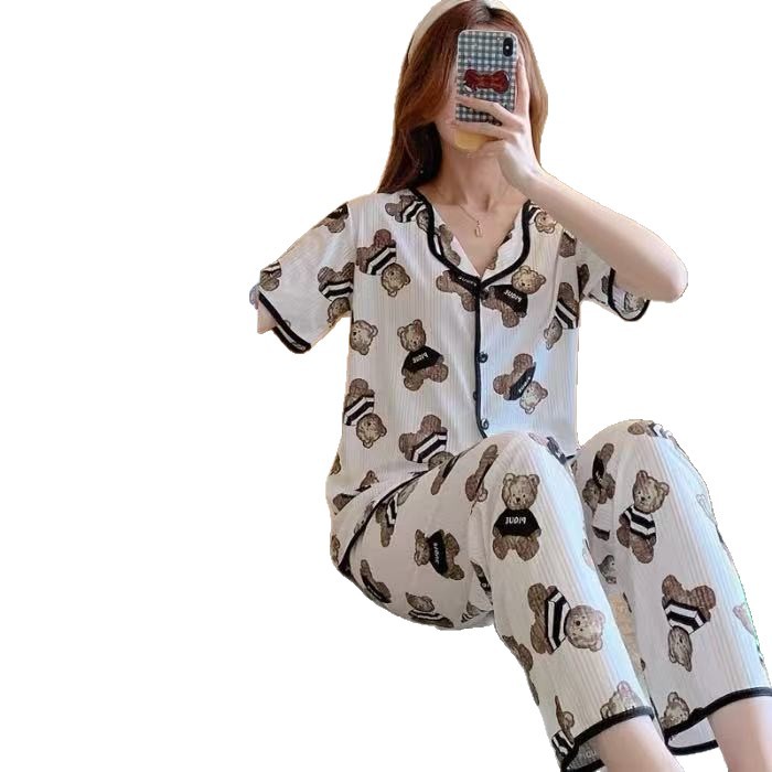 Explosión de tres piezas Cardigan pijama de mujer de verano de mangas cortas pantalones largos delgados se pueden usar dibujos animados dulce conjunto de ropa para el hogar