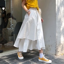 白色不规则半身裙女夏季a字中长款日系工装裙自制高腰半身长裙子