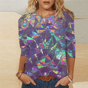 2024 early spring cross-border foreign trade Amazon popular geometric pattern sequins 3D digital printing T-shirt 3/4 sleeve