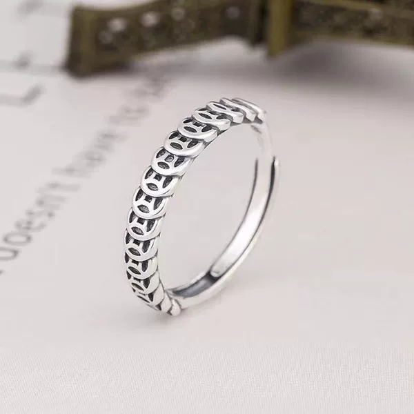 S925 Sterling Silver Copper Coin Ring for Women, Thai Silver Vintage Money Multi-Ring Index Finger Korean Version Ins Retro Personality Fortune Ring