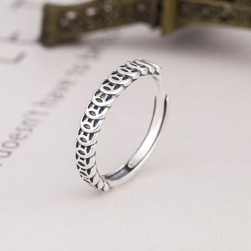 S925 Sterling Silver Copper Coin Ring for Women, Thai Silver Vintage Money Multi-Ring Index Finger Korean Version Ins Retro Personality Fortune Ring