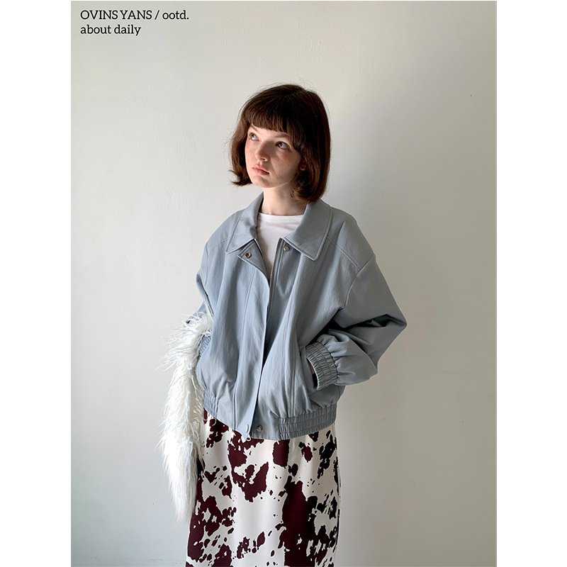 Ovinsyang Korean Pure Color Leather Jacket Women's Autum Loose and Versatile Casual Lapel Jacket