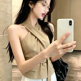 复古老钱风交叉挂脖吊带背心女夏季设计感腰带收腰超好看无袖上衣