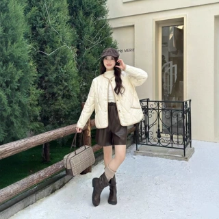 反季清仓大福利女秋冬小香风菱形格无领羽绒服小个子显瘦薄款外套