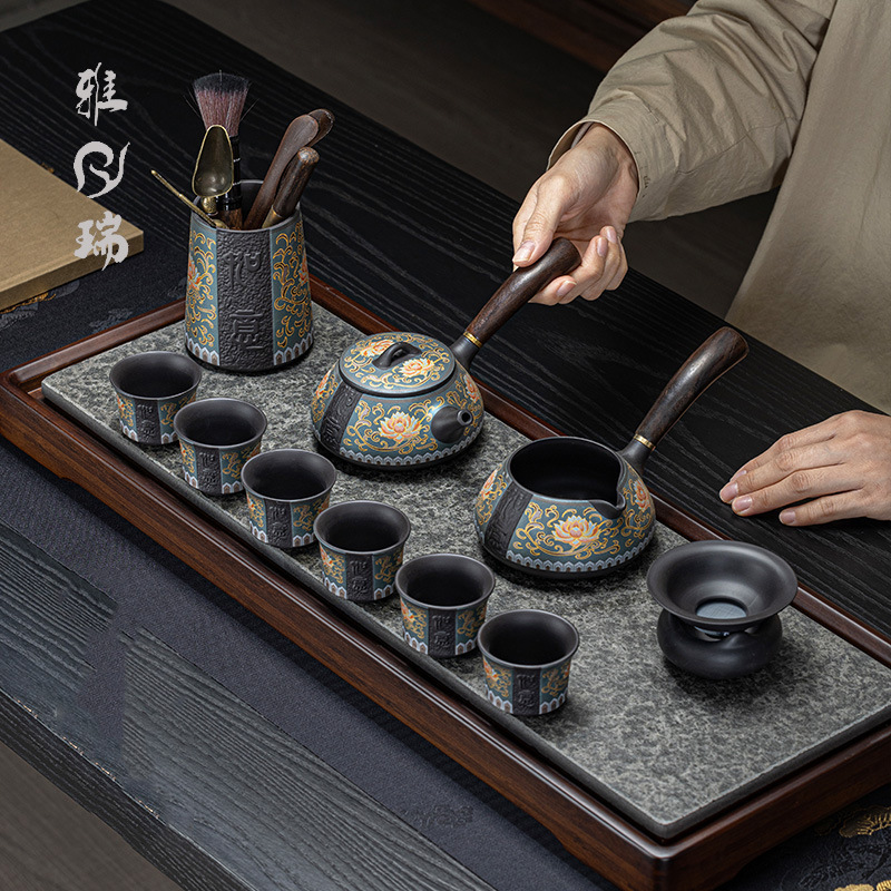 Purple Clay Tea Set with Lotus Side Handle Teapot, Household Tea Cup, Complete Gift Box, Accessible Luxury and High-End Gift