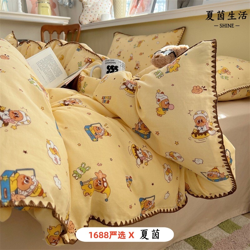 All-Cotton Shell-Edged Double-Layer Gauze Four-Piece Set, Pure Cotton A-Grade Maternal and Infant Grade Bedding Set Suitable for Sleeping Naked, Three-Piece Set All-Cotton Shell-Edged Double-Layer Gauze Four-Piece Set, Pure Cotton A-Grade Maternal and Infant Grade Bedding Set Suitable for Sleeping Naked, Three-Piece Set