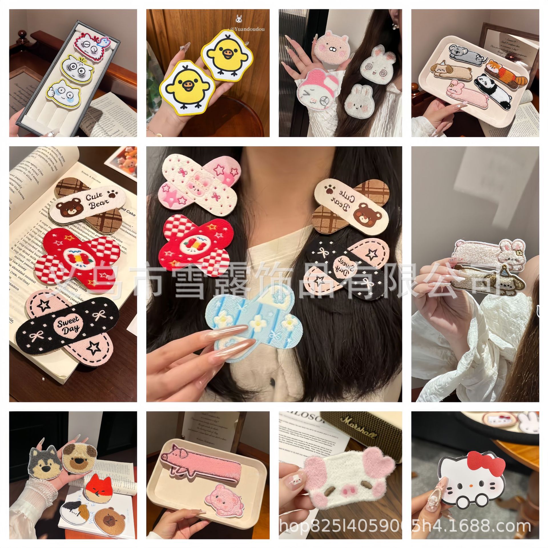 Cute cartoon adhesive hair clips with small animals, magic tape for sweet girls, seamless fringe and bangs stickers, large collection of hair accessories wholesale