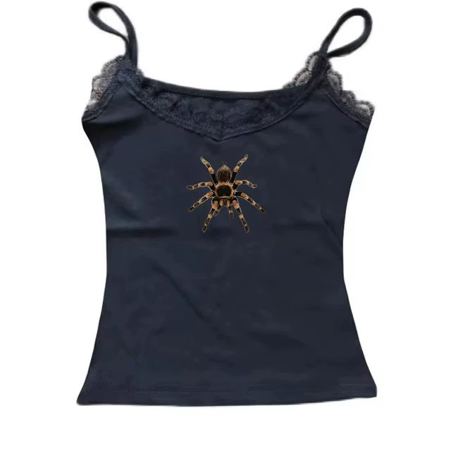 Lace-trim fitted camisole, cute print American style, multiple colors S–L