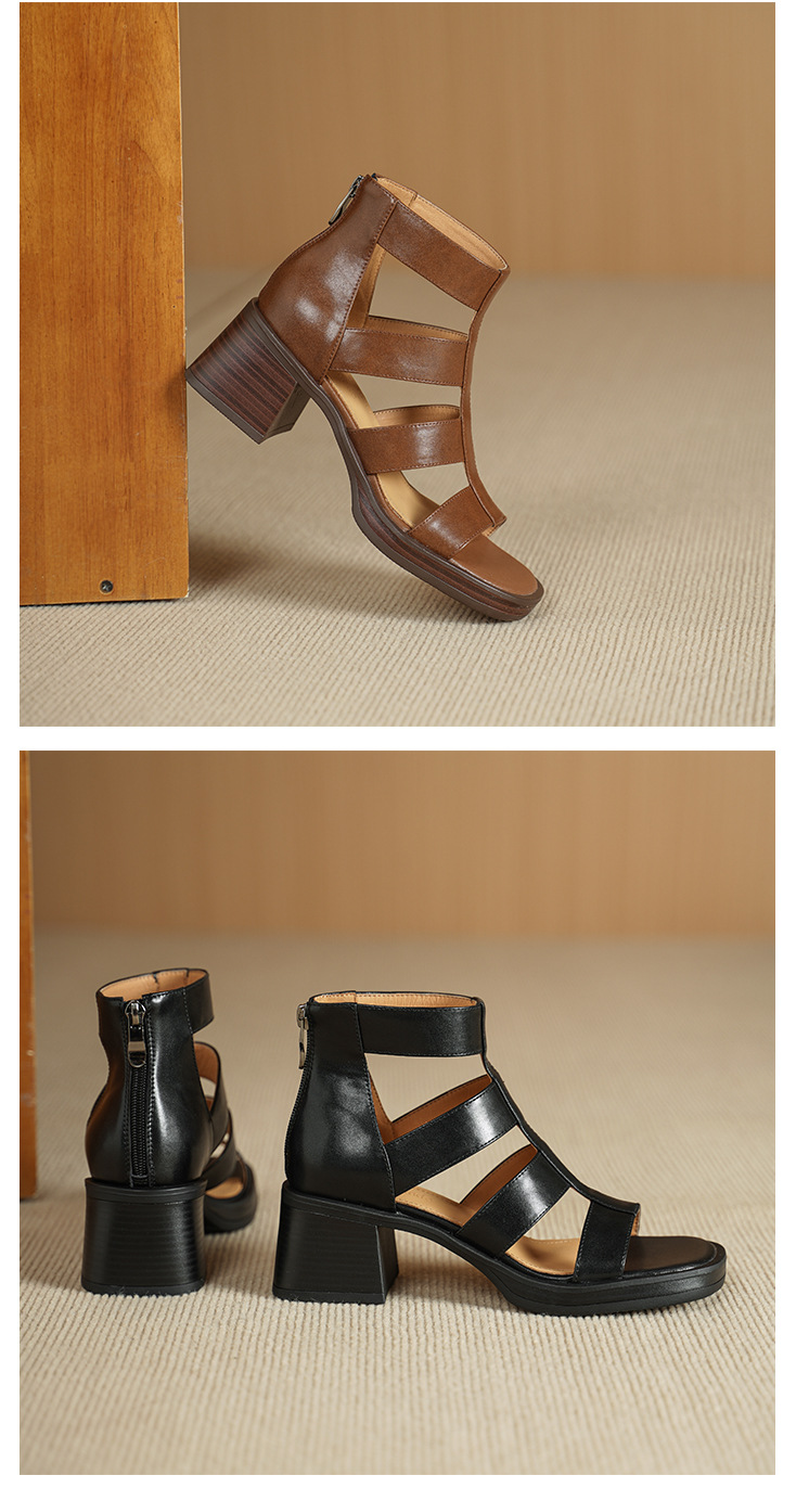 Giày sandal cao gót nữ hở ngón, gót dày 6 cm, phong cách La Mã, dây kéo sau — nâu chi tiết 10