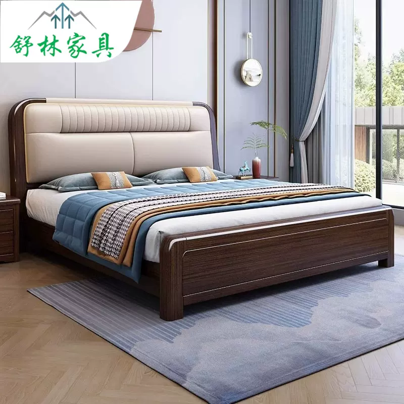 现代简约紫金檀木实木床家用软靠床主卧1.8米双人床高箱框架储物