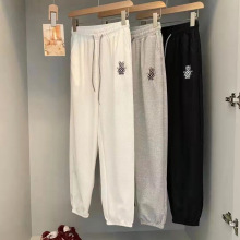 小熊情侣卫裤女秋季刺绣时尚宽松休闲裤抽绳华夫格九分束脚运动裤