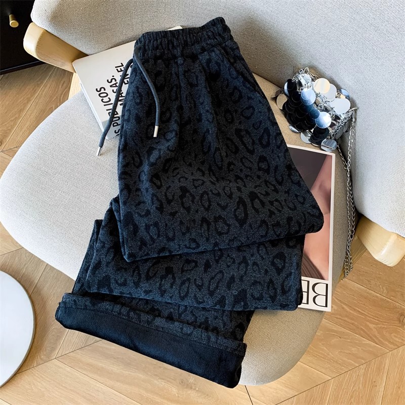 2025 Fleece-Lined Straight-Leg Pants High-Waisted Slimming Loose Drape Elastic Waist Wide-Leg Pants Leopard Print Casual Pants for Women A8964