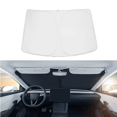 Suitable for Tesla Y 3 Yl Special Front Sunshade Double-Layer Opaque One Black and One Silver Sun Protection Sunshade (Sun shade) - tesla-model-y-exclusive-titanium-silver-ultra-cold-cooling-blackout-fabric-with-dual-sun-protection-eco-friendly-material-includes-free-storage-bag-one-silver-and-one-black-on-the-front