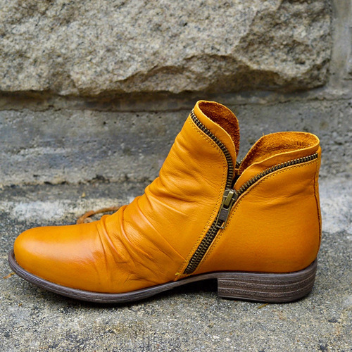 Independent Station round head V-neck women's leather boots side zipper Martin boots autumn thick heel horseshoe heel women's shoes