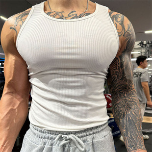 Summer Quick-Drying Threaded Fitness Vest Men's Elastic White Sleeveless Vest Sports Running Men's Trendy Training Vest