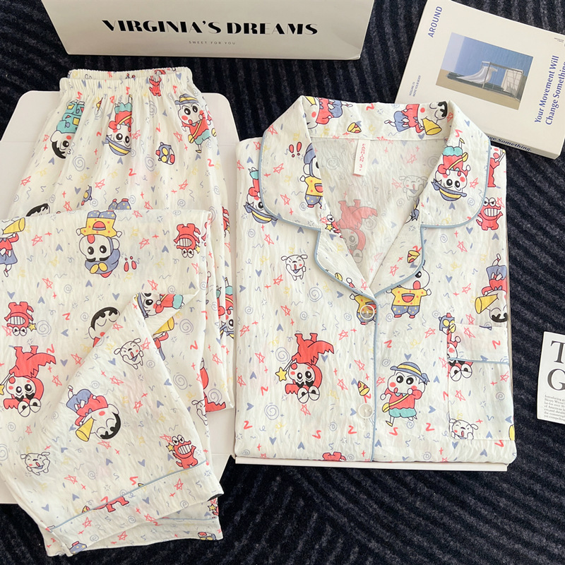 Crocodile Shin-chan cartoon cloud pure cotton gauze pajamas for women, spring, autumn, summer long-sleeve student cute girl home wear