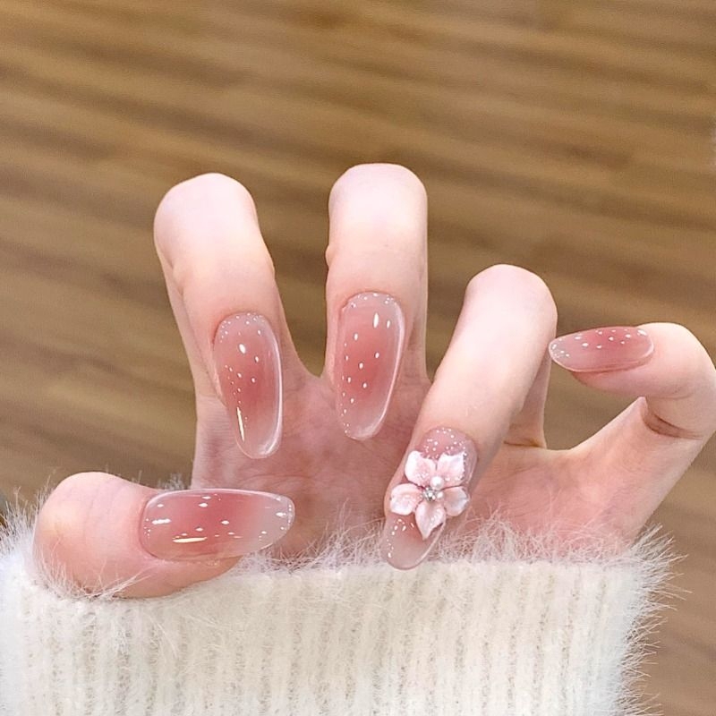 Handmade Nail Art Ins Style Versatile Ice Flower Manicure High-Cold Fair Blush Gradient Cat Eye Temperament Nail Pieces