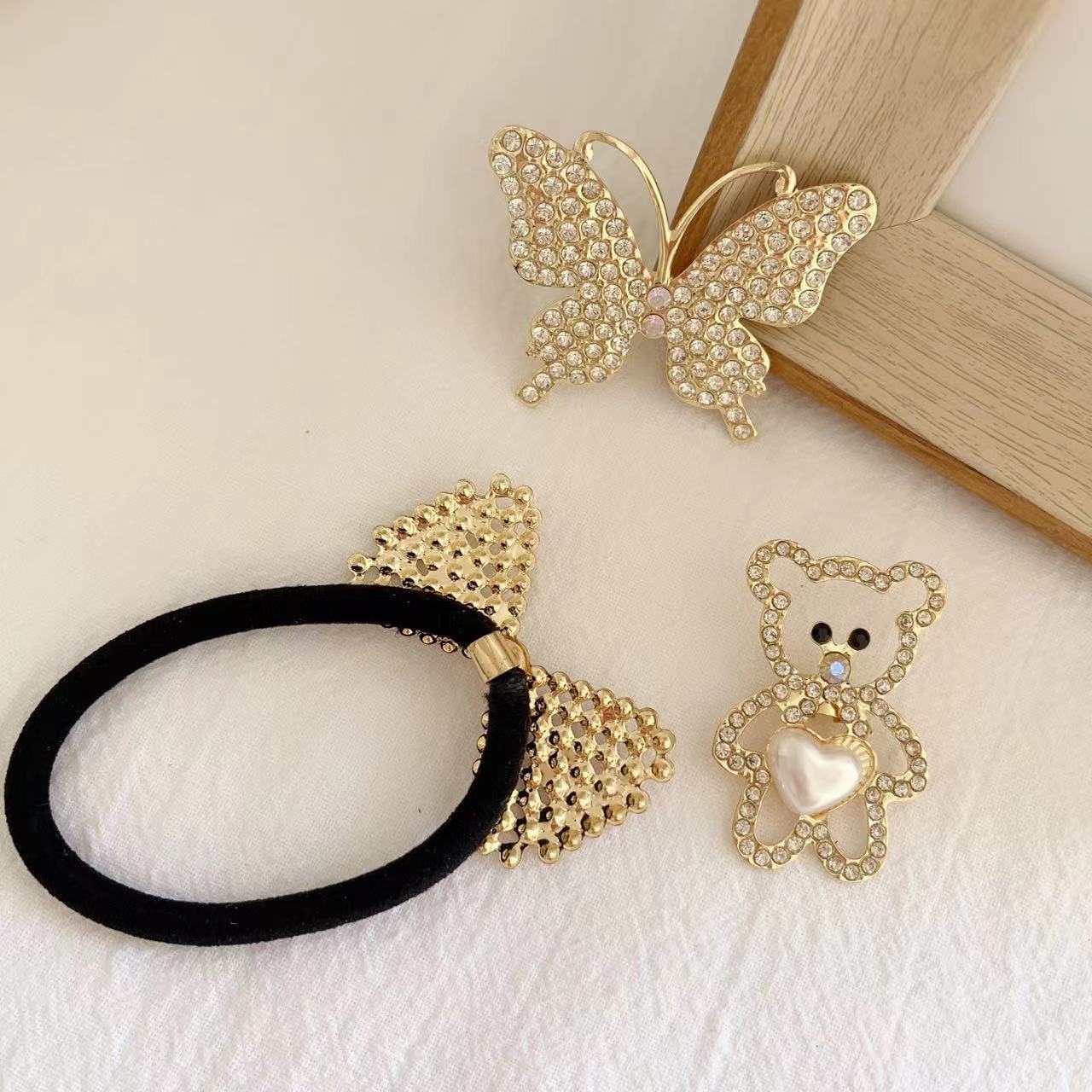 網紅ins金屬頭繩扣可愛小熊蝴蝶結鑲鑽發圈diy配件日韓風發飾裝飾