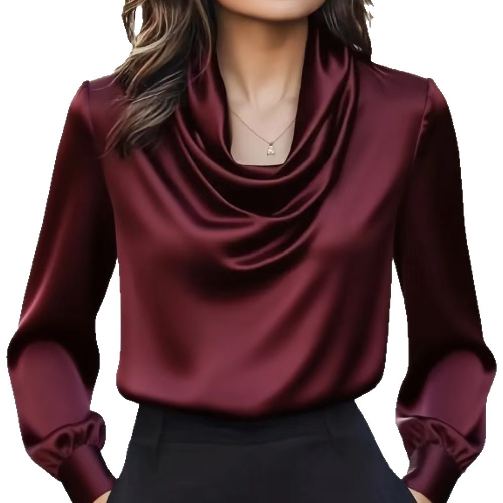 Elegant Drape Neck Long Sleeve Blouse - Autumn Fashion Pure Color Minimalist Shirt For Women, Office & Casual Wear (Black/White/Wine/Coffee, S-XXL)_ecoleips.com