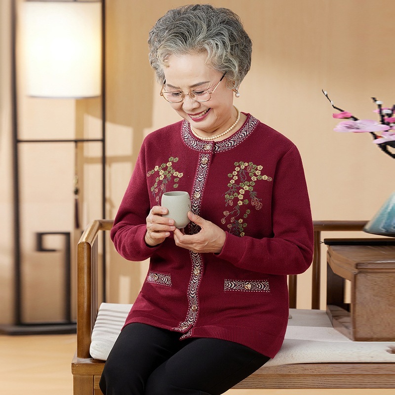 奶奶秋装外套老年人女长袖开衫妈妈秋冬针织衫老人太太加厚上衣服|undefined