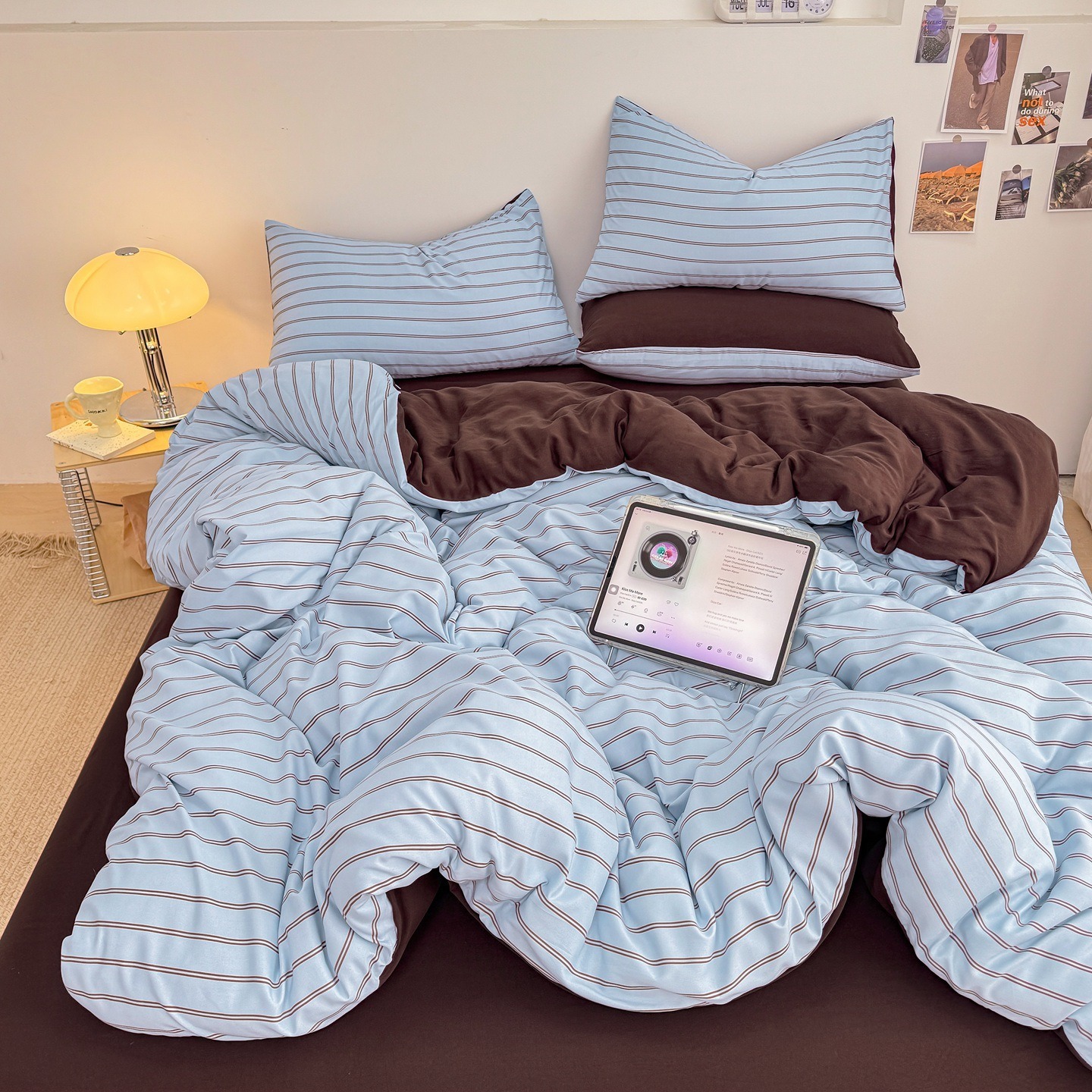 Washed Cotton Striped Bed Sheet Set Simple Japanese Style Four Piece_voghion.com