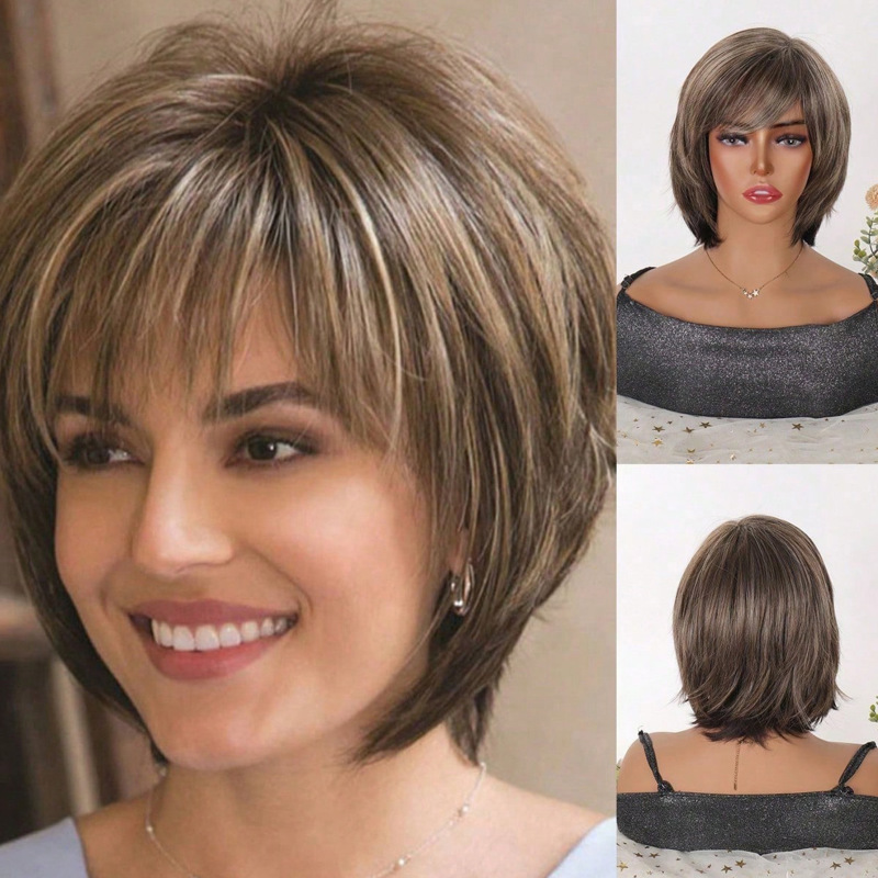 European and American Cross-Border Wigs for Women, Short Curly Hair, Brown Synthetic Fiber Wigs, Straight Hair, Natural and Fashionable Bob with Side Bangs, Wholesale