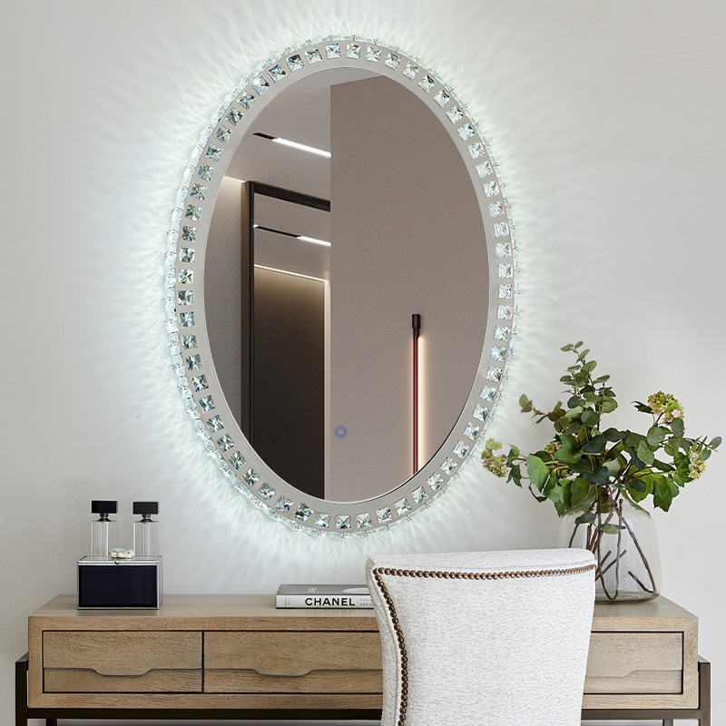 Smart Bathroom Mirror Touch Screen Led Bathroom Mirror with Light Wall Hanging Hotel Bathroom Crystal Stainless Steel Mirror