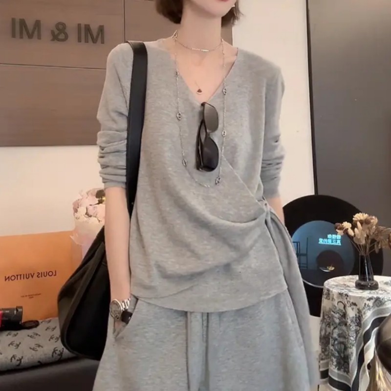 法式V领针织长袖衫女初秋新款大码女装胖MM遮肉显瘦宽松上衣潮|undefined