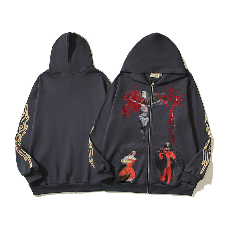 Super Popular American High Street Fashion Item, Kanye-Inspired Rhinestone Vintage Religious Figure Zip-Up Hoodie Super Popular American High Street Fashion Item, Kanye-Inspired Rhinestone Vintage Religious Figure Zip-Up Hoodie