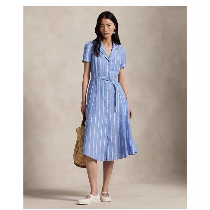 Rl Ralph Lauren European and American Foreign Trade Cross-Border New High-Waisted Elegant Solid Color Mid-Length Slimming Dress