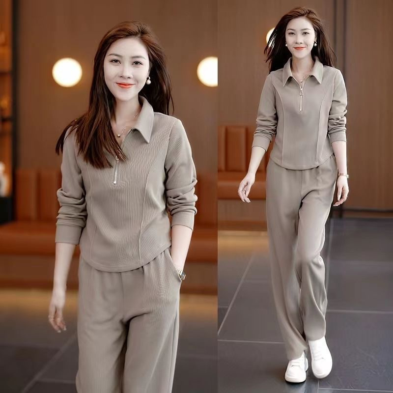 폭발 패션 스포츠웨어 세트 여성의 2024 가을 새로운 서양식 시대 감소 캐주얼 패셔너블 와이드 레그 바지 투피스 세트