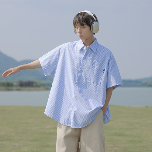 Japanese-style CityBoy blue striped short-sleeve shirt for men, trendy brand student casual five-sleeve shirt jacket for summer