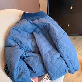 小个子高级感撞色菱格翻领棉服外套秋冬宽松棉衣轻奢女外套秋冬款