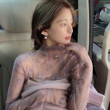 春秋新款高档蕾丝打底衫女2022洋气镂空长袖网纱上衣性感内搭小衫