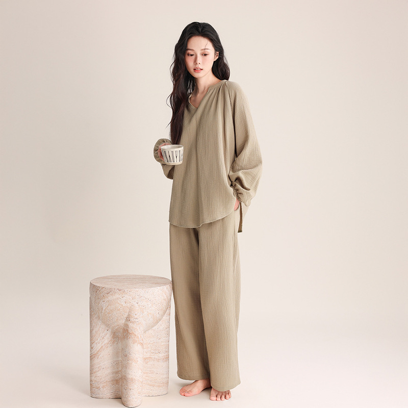 Spring and Summer Women's Crepe Cotton Double-Layer Gauze Pajamas Thin V-Neck Pullover Simple Large Size Loose Outerwear Home Wear Set