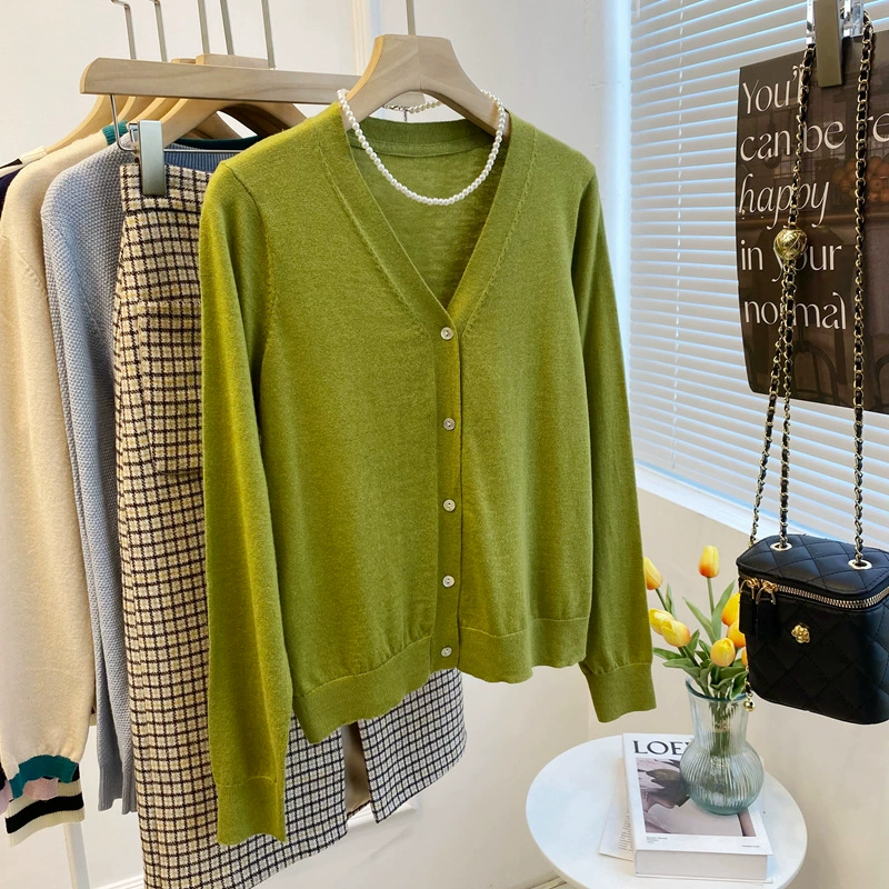 2022 осенний 14-контактный свитер из смесовой шерсти с защитой от пиллинга, простой однотонный вязаный кардиган с V-образным вырезом и длинными рукавами 6003