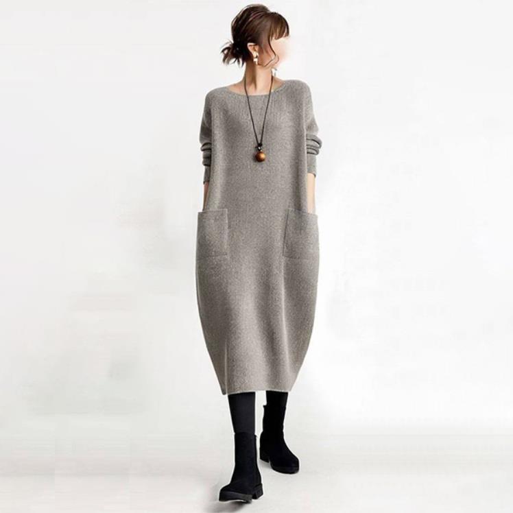 現物日系2025春の新型純色丸首ニット大ポケットワンピース女性