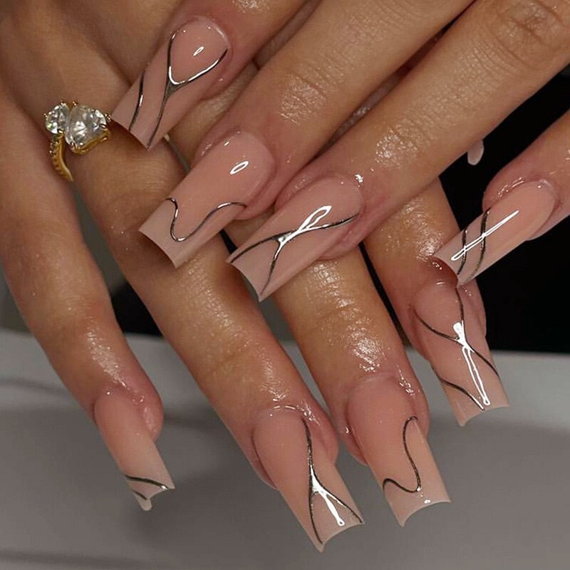 New Nude Color Advanced Sense Autumn Long Water Pipe Nail Art Champagne Color Line Simple Wear Armor Golden Line False Nails New Nude Color Advanced Sense Autumn Long Water Pipe Nail Art Champagne Color Line Simple Wear Armor Golden Line False Nails