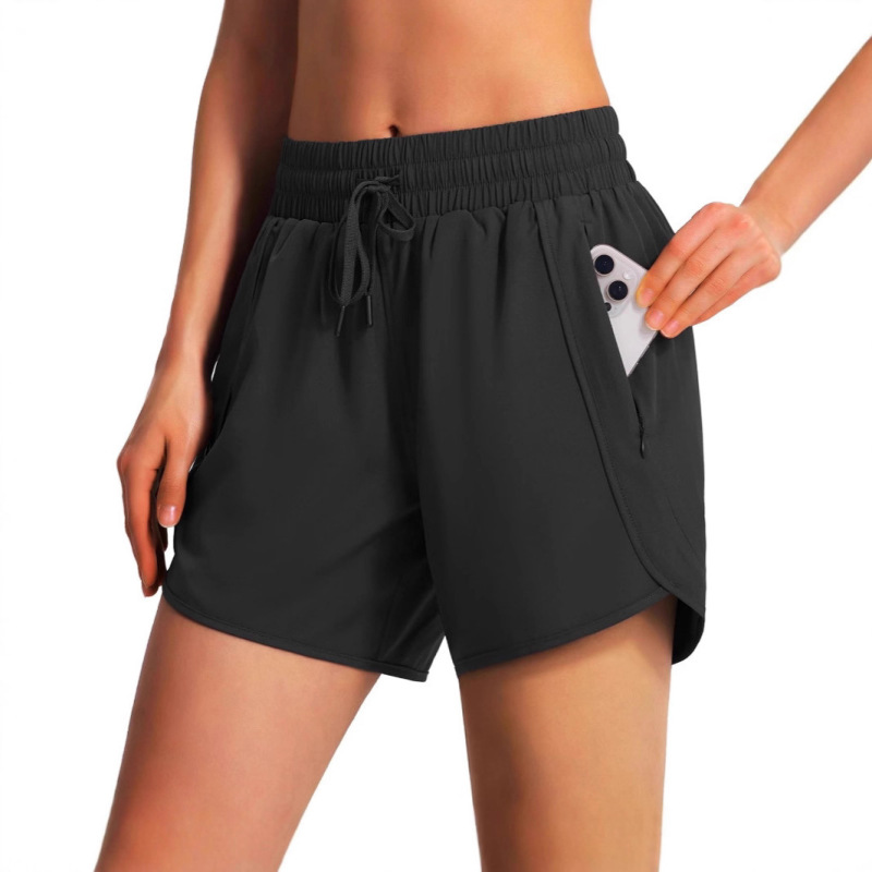 Cross-Border Amazon 5inch Sports Running Shorts Quick-Dry Lightweight Fitness Shorts with Zipper Pockets for Women