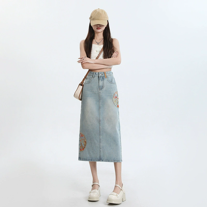 Юбка в китайском стиле для женщин, новинка 2024 года, ретро-юбка с разрезом, универсальная трапециевидная юбка средней длины, утягивающая бедра, сексуальный тренд