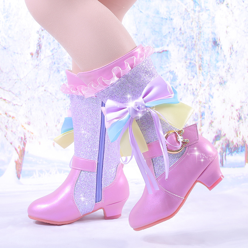 2025 New Girls' Boots Children's Princess Plush Warm Cotton Boots Frozen Tassel Kids High-Heeled Boots