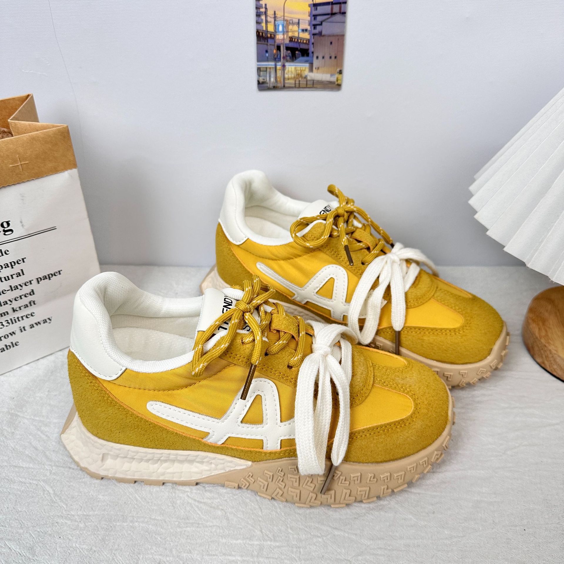 A9910 American Forrest Gump Zapatos casuales de nuevo estilo, cordones de dos colores, suela gruesa transparente y versátil, cordones, zapatos de mujer de moda ligera