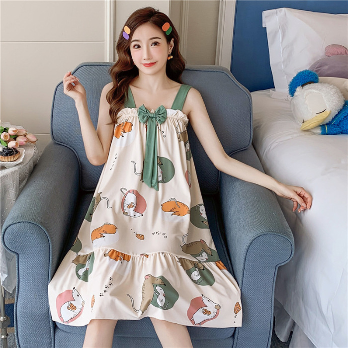 Comercio exterior 2023 correa de verano flojo camisón las mujeres largas dibujos animados arco dulce pijamas desgaste del hogar