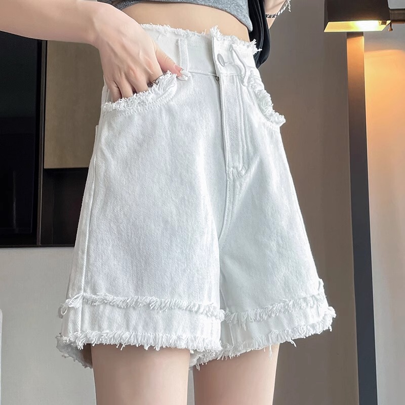 White Denim Shorts Women's Mid-Length Summer High-Waisted A-Line Version Loose Thick-Legged Raw Edge Wide-Leg Quarter Pants