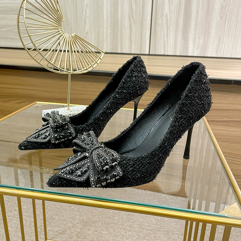 868-179 Модная женская обувь с острым бантом 2023 Новые летние невысокие туфли на шпильке на высоком каблуке