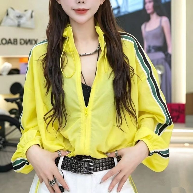 2026 Summer New Korean Style Cool and Spicy Style Ice-Feel Mesh Three Stripes Color Block Patchwork Air Conditioning Shirt Sun Protection Jacket Women's