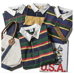 Autumn spot male waiter road NON-STOCK heavy men's lapel striped T-shirt retro long sleeve polo shirt